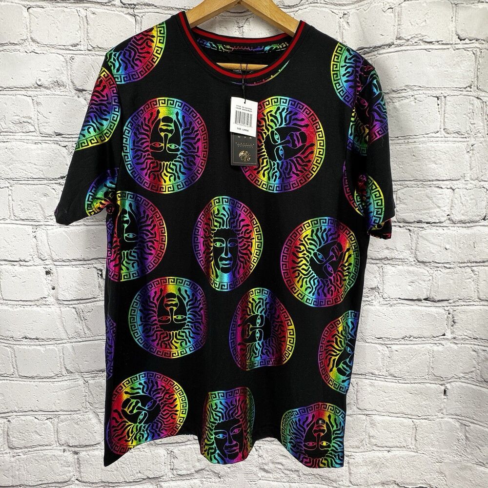 NWT Drill NYC Shirt Men's Black Medusa Metallic Multicolor Tee Short Sleeve